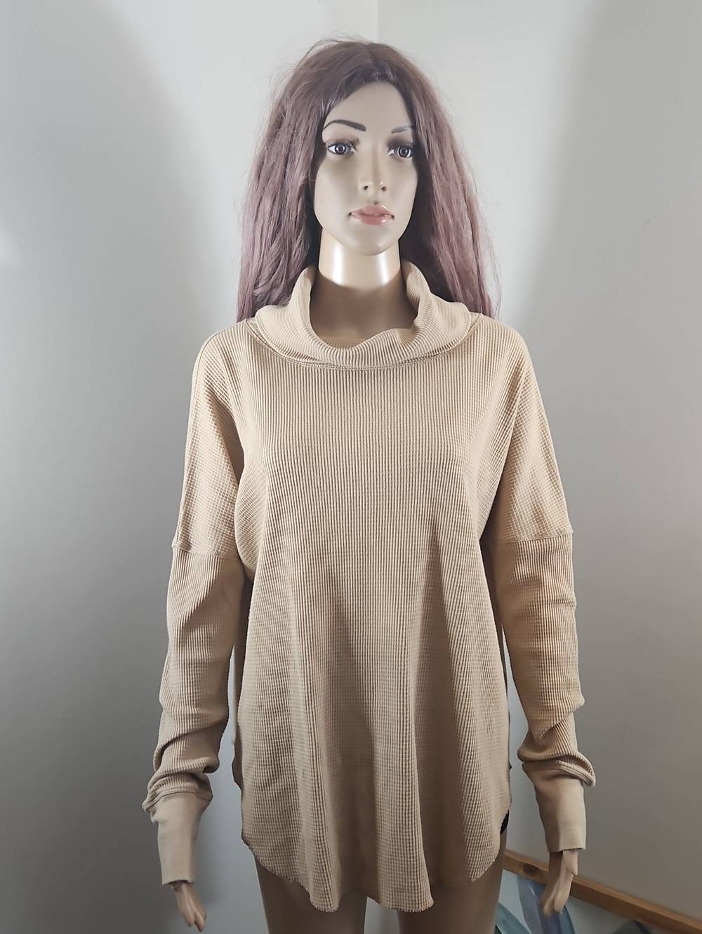 Aritzia Babaton Thermal Women’s Tan Beige Waffle-Knit Funnel Neck Sweater Top
